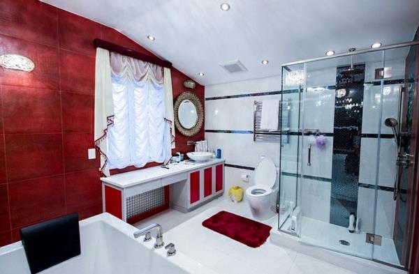 kylpyhuone punainen mustavalkoinen suihkukaappi