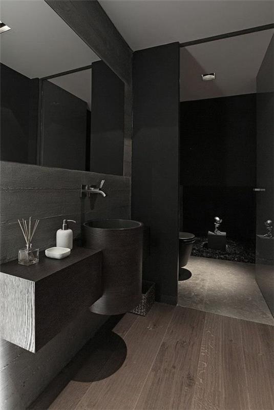 kylpyhuone musta tumma seinäsuunnittelu tyylikäs kylpyhuone