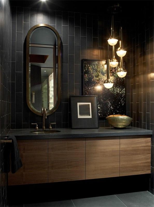 kylpyhuone musta tyylikäs kylpyhuonekalusteet mustat seinälaatat pystysuorat kattovalaisimet