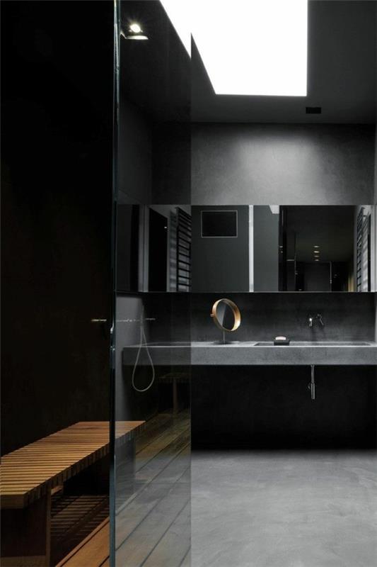 kylpyhuone musta moderni ulkoasu vaaleanharmaa lattia