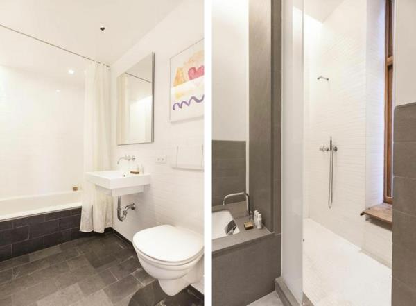 kylpyhuone musta valkoiset laatat kompakti perinteinen huoneisto new york
