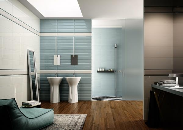 kylpyhuoneen seinälaatat puulattiaseinämaali jauhe sininen seinän suunnitteluideoita
