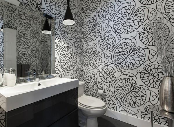 kylpyhuoneen seinän suunnitteluideoita mustavalkoisia kuvioituja seinämaalauksia