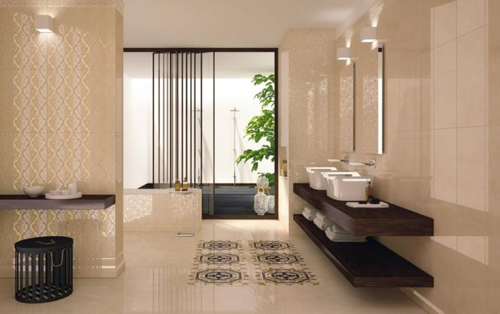 kylpyhuone laatat beige huomaamaton säilytystilaa kylpyhuone ideoita valaistus kasveja