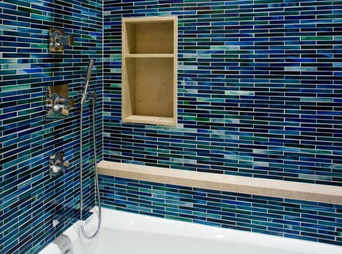 kylpy laatat sinisen seinän sävyjen suunnittelu kylpyhuoneideoita kylpyammeen seinähylly