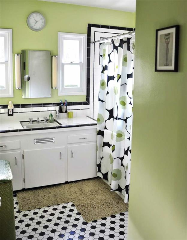 kylpyhuoneen laatat lattialaatat valkoinen musta kylpyhuoneen verho vihreä seinän väri