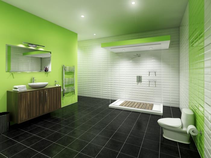 Kylpyhuoneen laattojen värit yhdistävät mustat lattialaatat