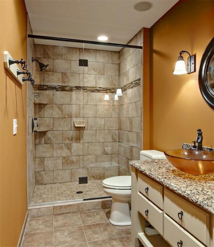 kylpyhuone laatta laatta suunnittelu oranssi seinä väri valaistus