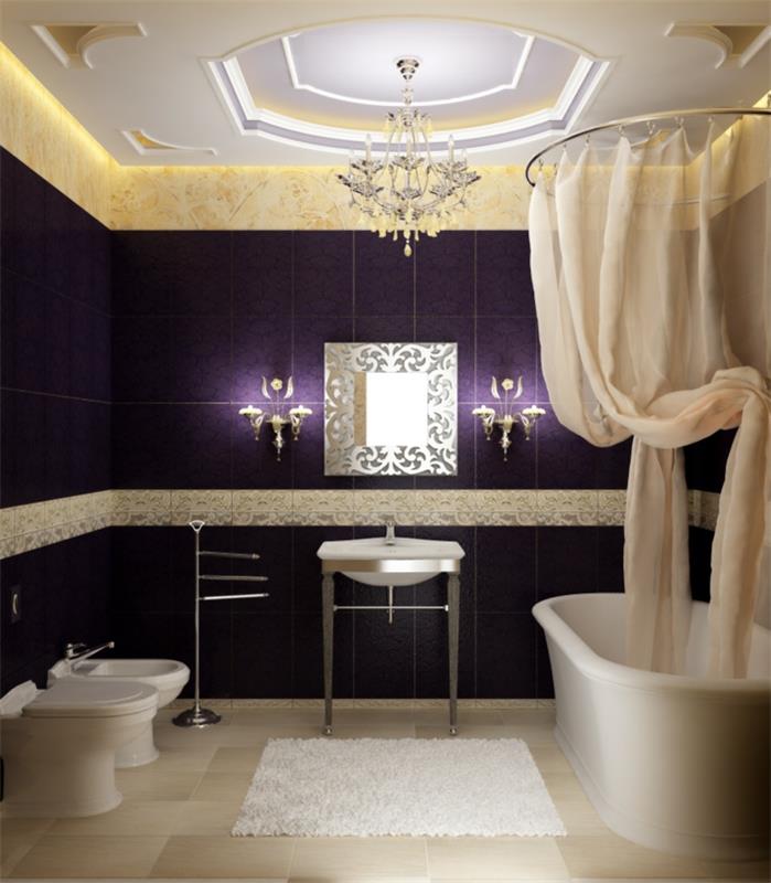 kylpyhuone laatat violetti tyylikäs valaistus