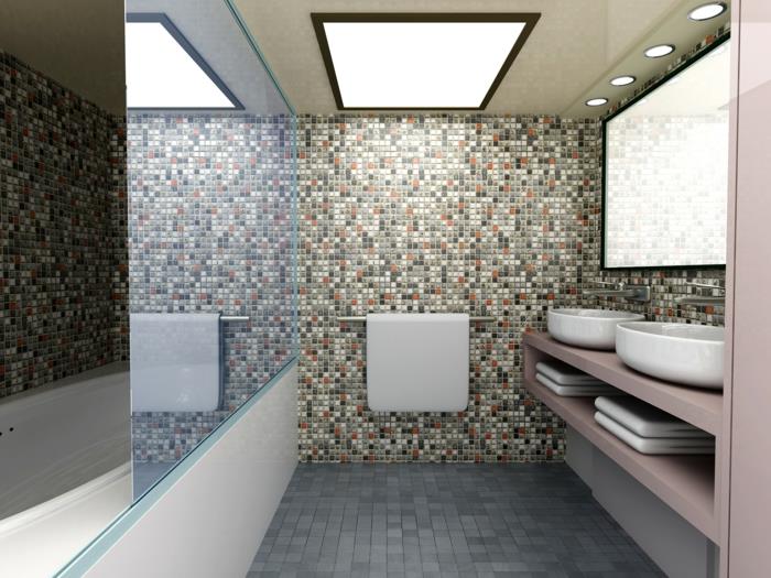 kylpyhuoneen laatat mosaiikkilaatat hieno aksentti seinäpeili väliseinä pienet lattialaatat