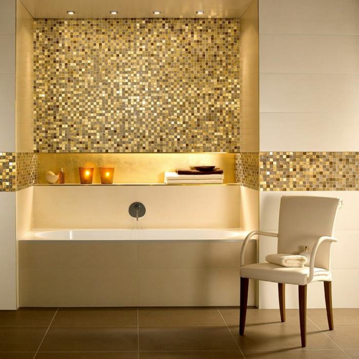kylpyhuone laatat mosaiikkilaatat kultaiset lattialaatat kylpyamme kynttilät valaistus