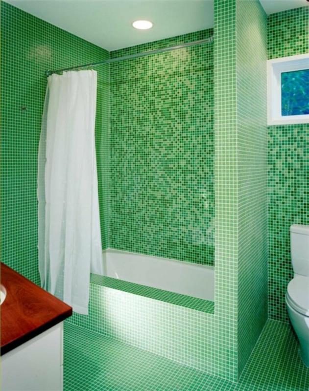 kylpyhuoneen laatat mosaiikkilaatat vihreä valkoinen verho