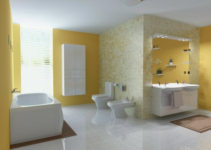 kylpyhuoneen laatat mosaiikkilaatat valkoiset lattialaatat keltaiset seinät valkoinen saniteettitavara
