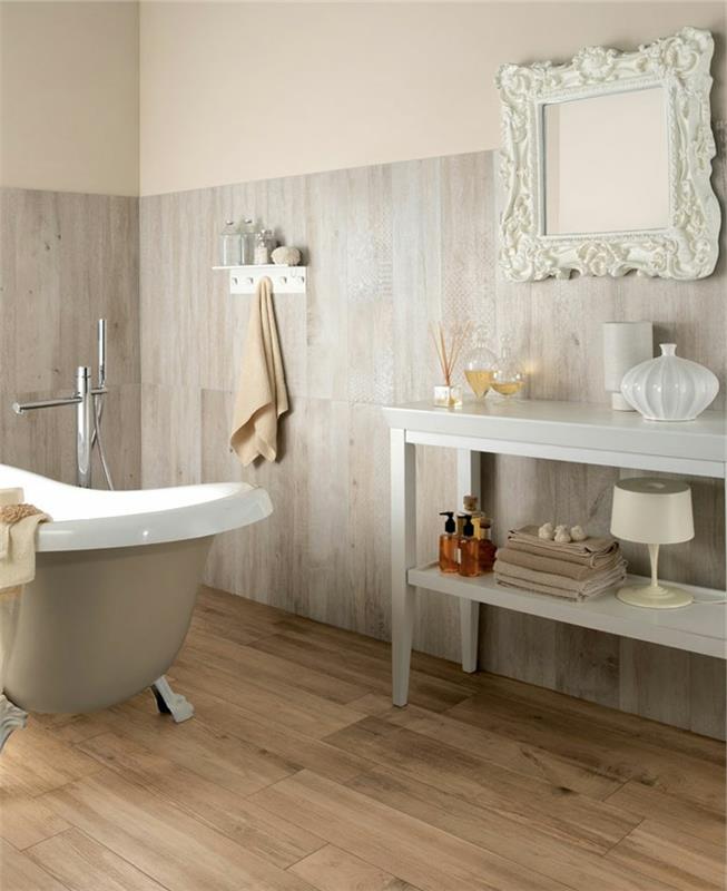 kylpyhuone laatat posliini seinälaatat puu näyttää vapaasti seisova kylpyamme