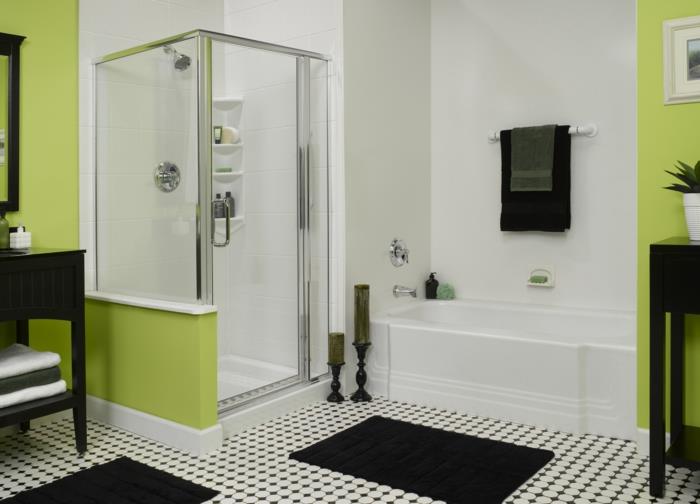 kylpyhuoneen laatat valkoinen seinämaali vihreä aksentti suihku kylpyamme