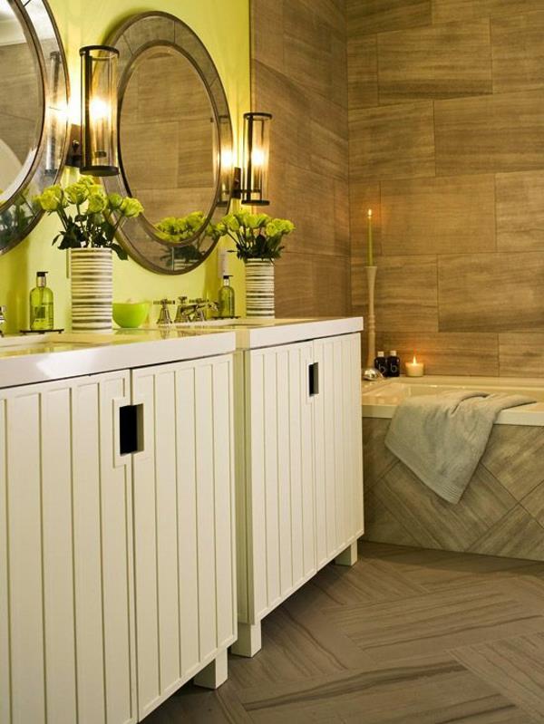 kylpyhuoneen suunnitteluideat kesän värit pyöreä peili kylpyhuonekalusteet