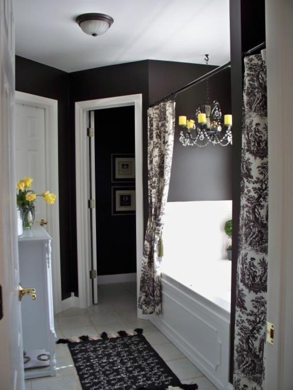 kylpyhuoneen suunnitteluideoita mustavalkoiset verhot matto