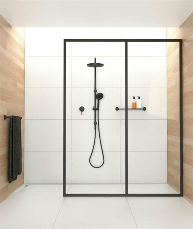 kylpyhuoneen suunnitteluideat kävelevät suihkussa mustana