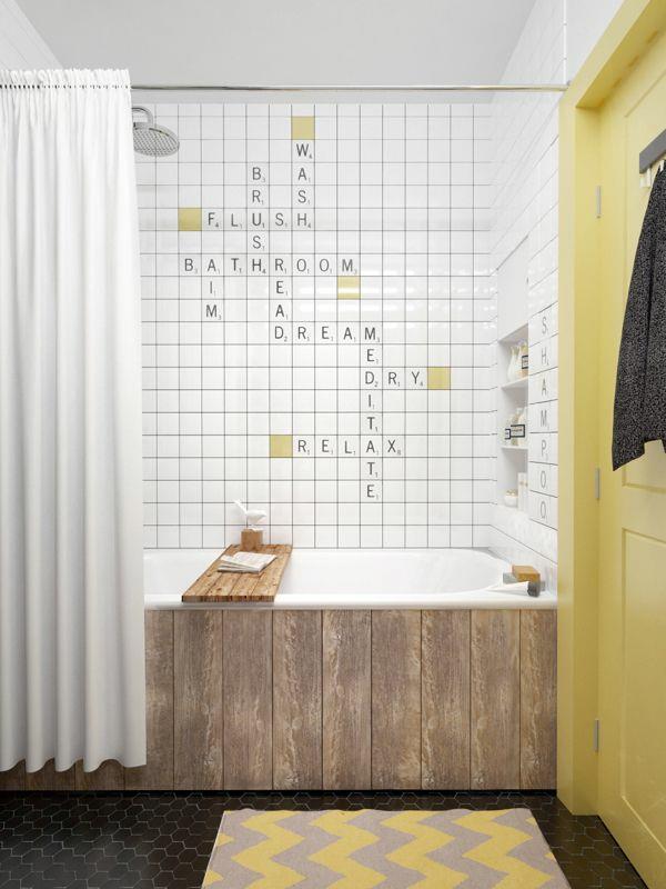 Kylpyhuoneen suunnittelu laatta -seinälaattojen kuvakirjaimilla