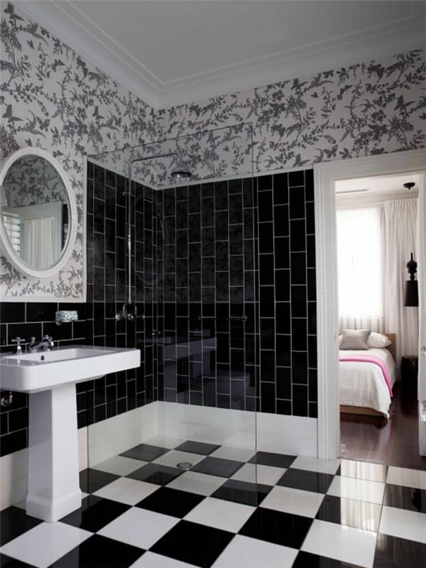 kylpyhuone laatat musta seinälaatat seinä tapetti pyöreä seinäpeili