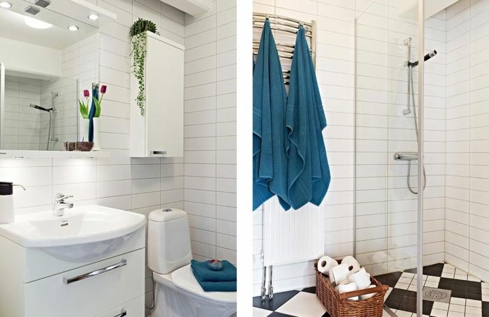 kylpyhuoneen laatat valkoiset seinälaatat sininen aksentti pyyhkeet