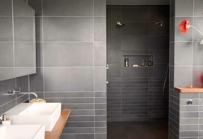 kylpyhuone ideoita kylpyhuone laatat harmaa vaakasuora puinen aksentti