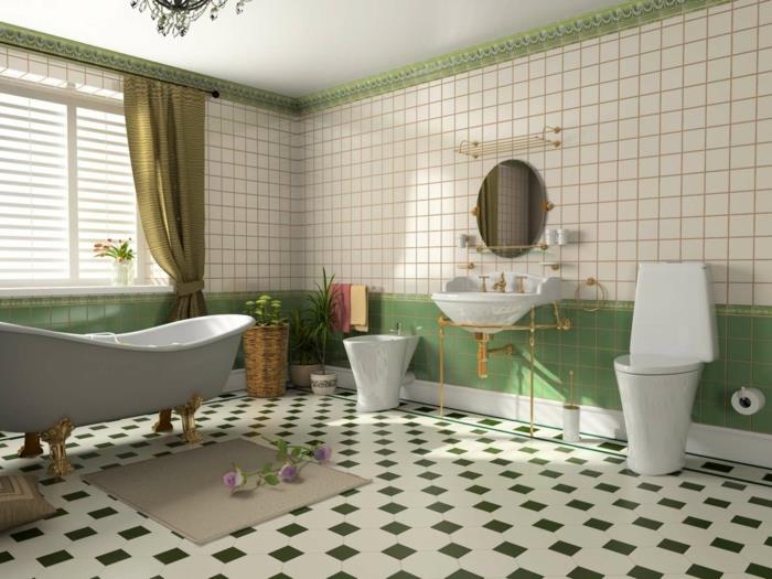 kylpyhuone ideoita kylpyhuone laatat vihreä valkoinen läpinäkymätön verhot kasvit