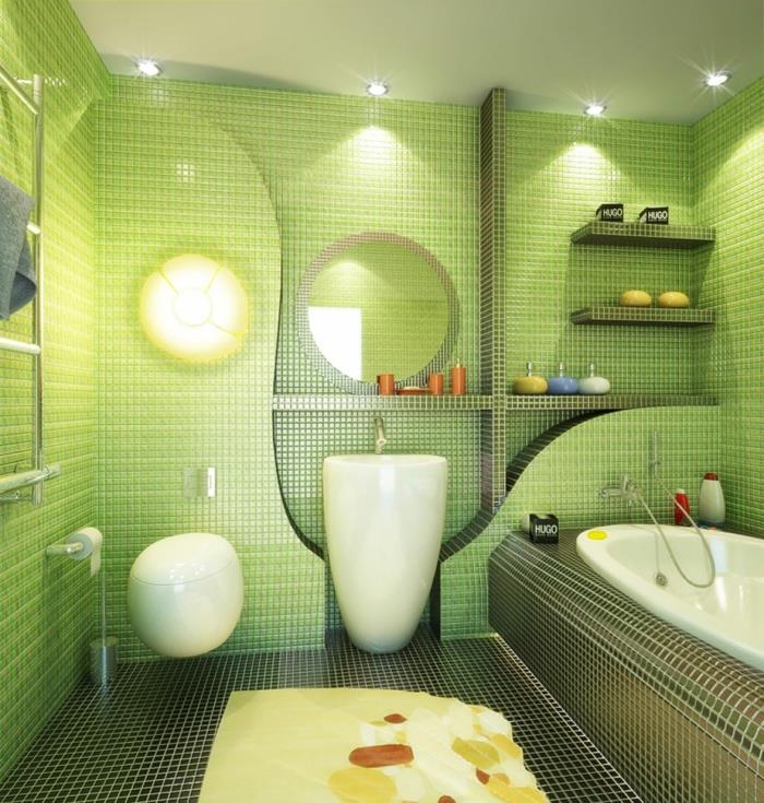 kylpyhuone ideoita vihreä kylpyhuone laatat mosaiikki laatat auki hyllyt