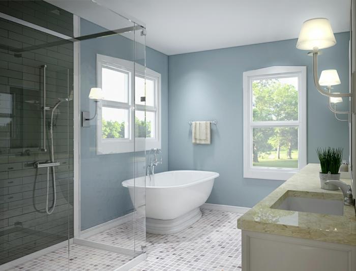kylpyhuone ideoita pienet huoneet mosaiikkilaatat lattia vaaleansininen seinäväri suihku