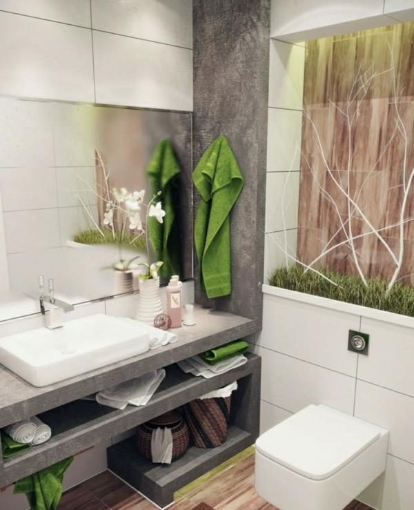 kylpyhuone ideoita pieni kylpyhuone vihreä aksentti pyyhkeet
