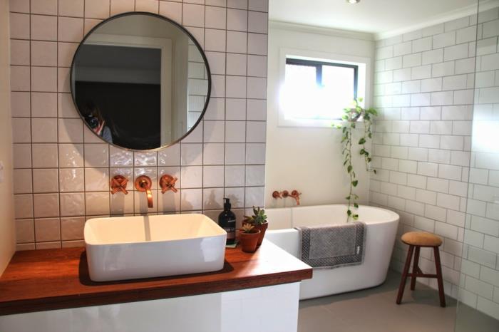 kylpyhuone ideoita valkoinen kylpyhuone laatat pyöreä seinä peili kasvit