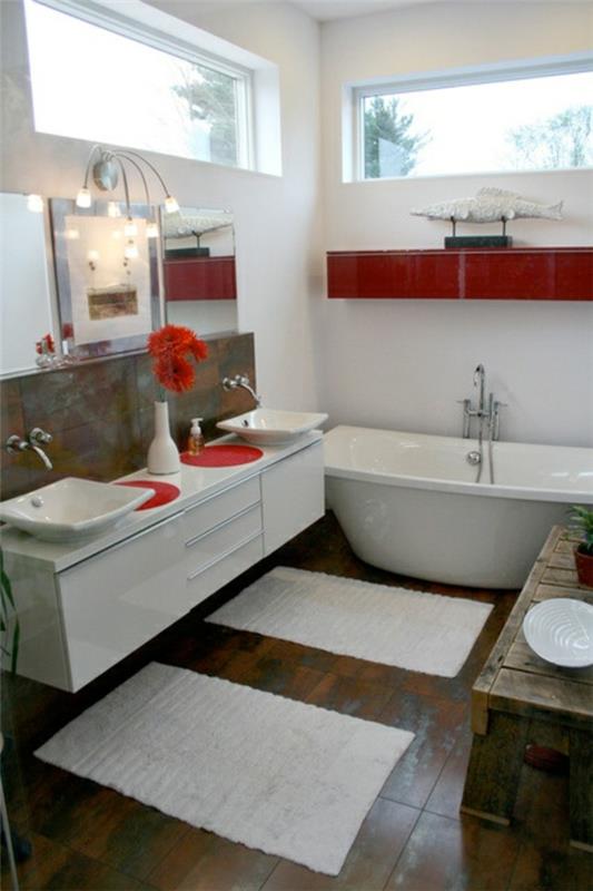 kylpyhuonekalusteet ikea vanne kaappi pesuallas punainen aksentti