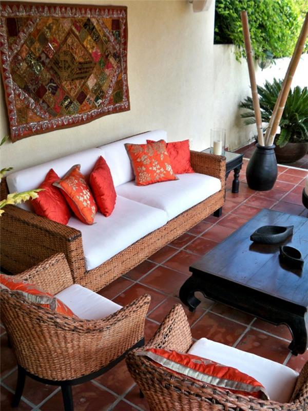 bambu koristelu bambu pylväät terassi suunnittelu parveke koristelu paju huonekalut sohva nojatuoli sohvapöytä