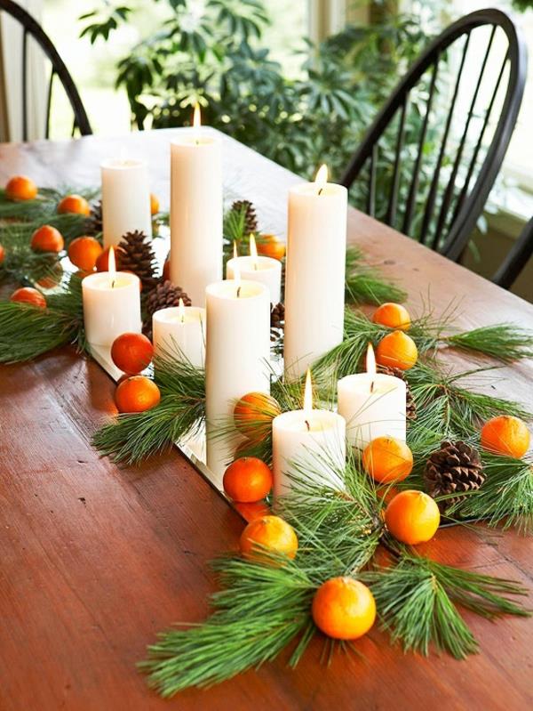 käsityöideoita joulupöytäkoristeita ideoita kynttilät havupuu oksat klimentit