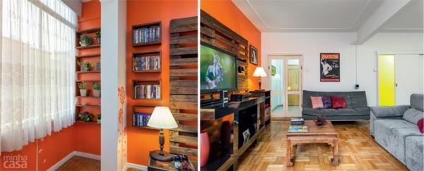 rakentaa lavoilla tv -seinäyksikkö olohuoneen seinämaali oranssi seinähylly puu