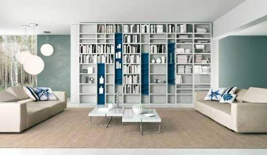 kirjahyllyn seinän väri sininen sohva moderni olohuone minimalistinen