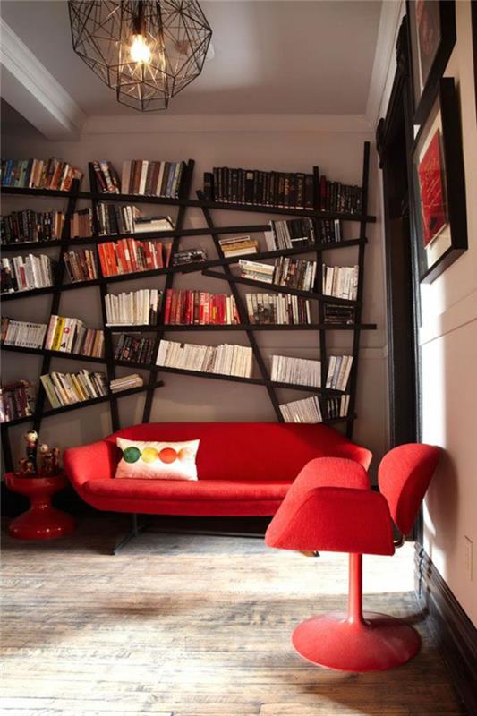 kirjahyllyt suunnittelu olohuone punaiset huonekalut