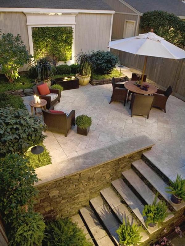 esimerkkejä modernista puutarhasuunnittelusta patio istuinalue päivänvarjo