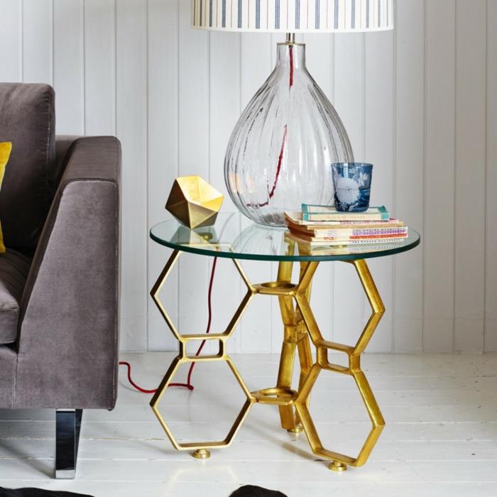 sivupöydän suunnittelu kultainen lasipöytäpinta olohuoneen sohva