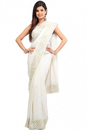 White Pearl Work Saree