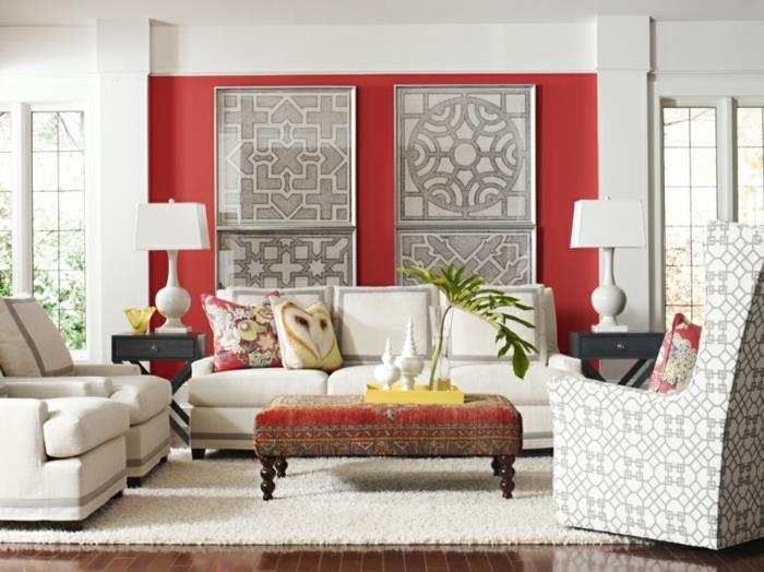 parhaat seinävärit olohuone punainen valkoinen seinän suunnitteluideoita itämaisia ​​aksentteja