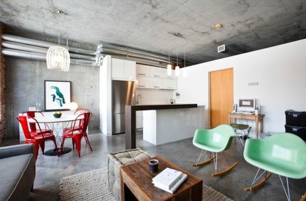 betonikatto olohuone keittiö eklektinen sisustus