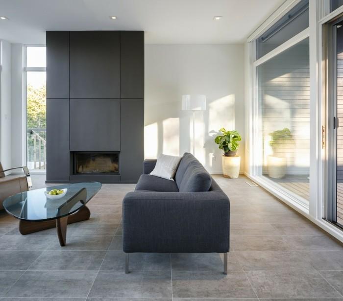 betonilattia olohuoneen sisustusideoita moderni pöytä harmaa sohva