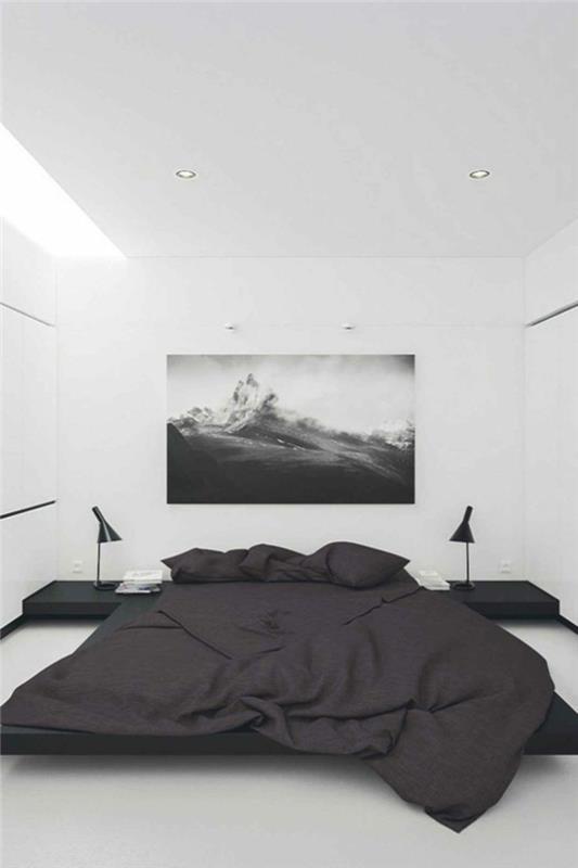 sänky ilman päätyä musta vuodevaatteet valkoinen lattiapäällyste