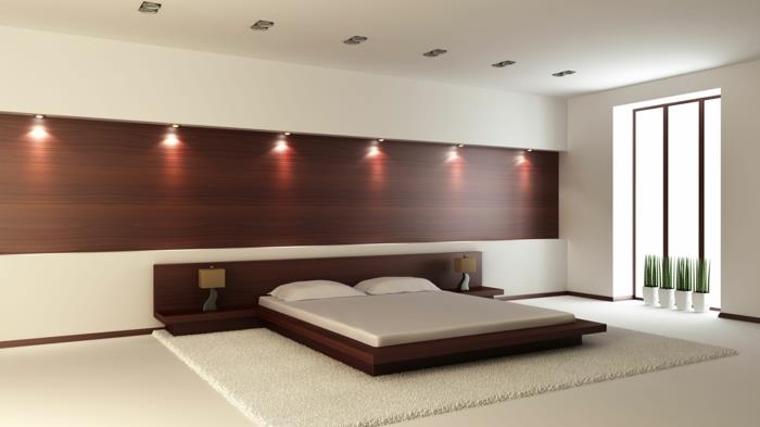 sängyt design minimalistinen valkoinen matto sisäänrakennetut valot pöytälamput