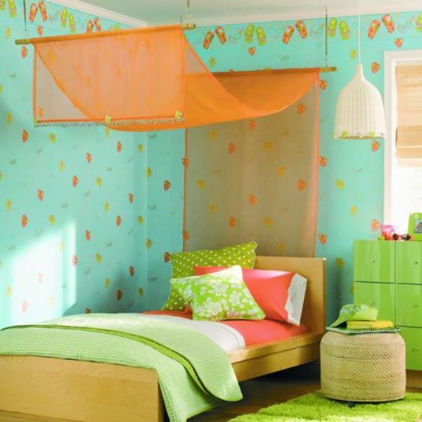 sänky katos oranssi tuoreet vihreät seinät makuuhuone