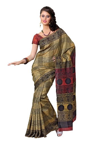 Beige Bhagalpuri Saree med traditionel kunst