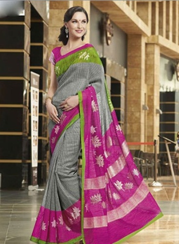 Pink And Grey Bhagalpuri Silk Saree
