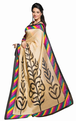 Kunstnerisk cremefarvet Bhagalpuri Saree