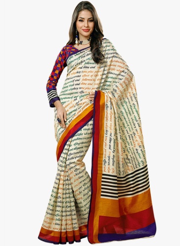 Cremetrykt Bhagalpuri Saree